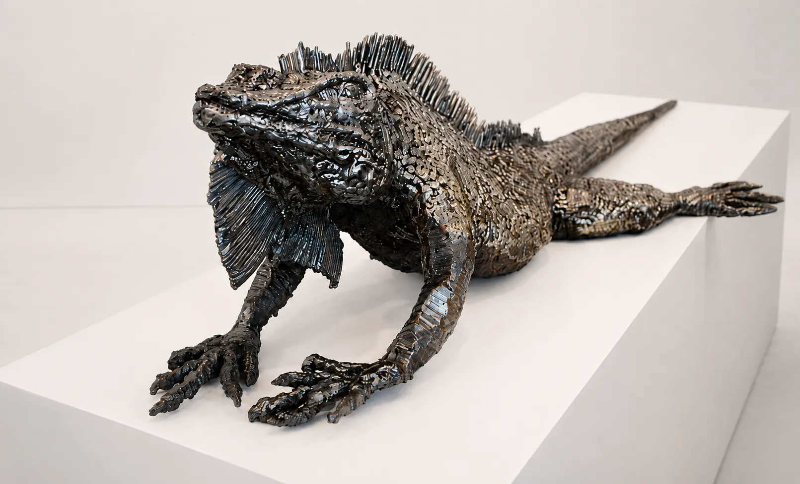 Metal sculptural object shown in a gallery setting.