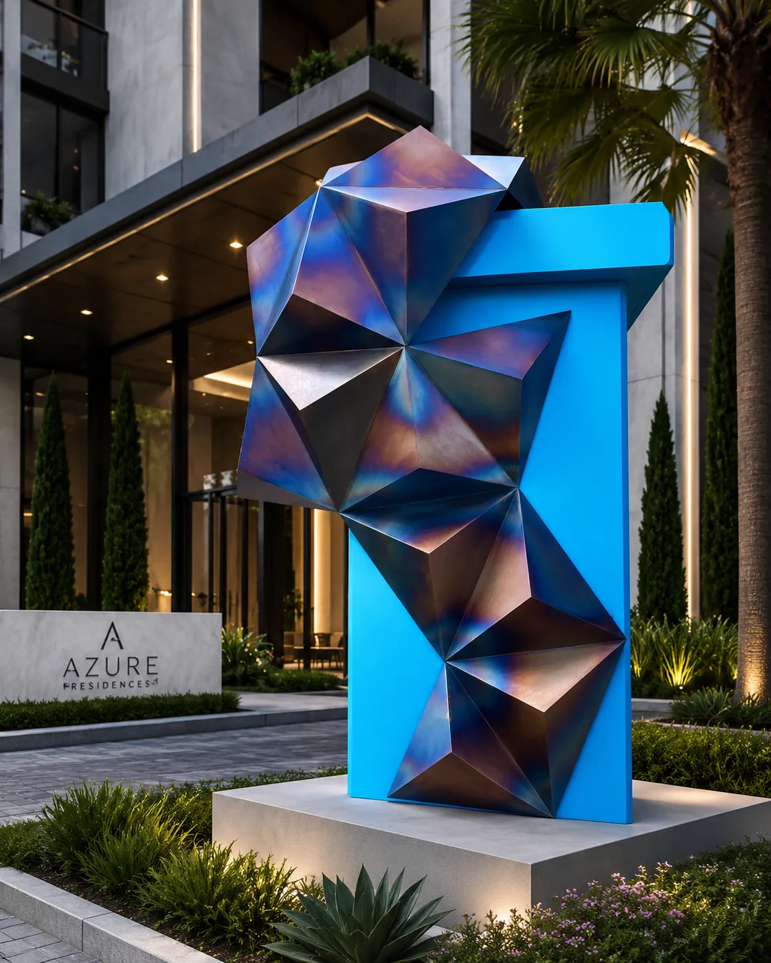 Original metal sculpture installed in front of a contemporary residence.
