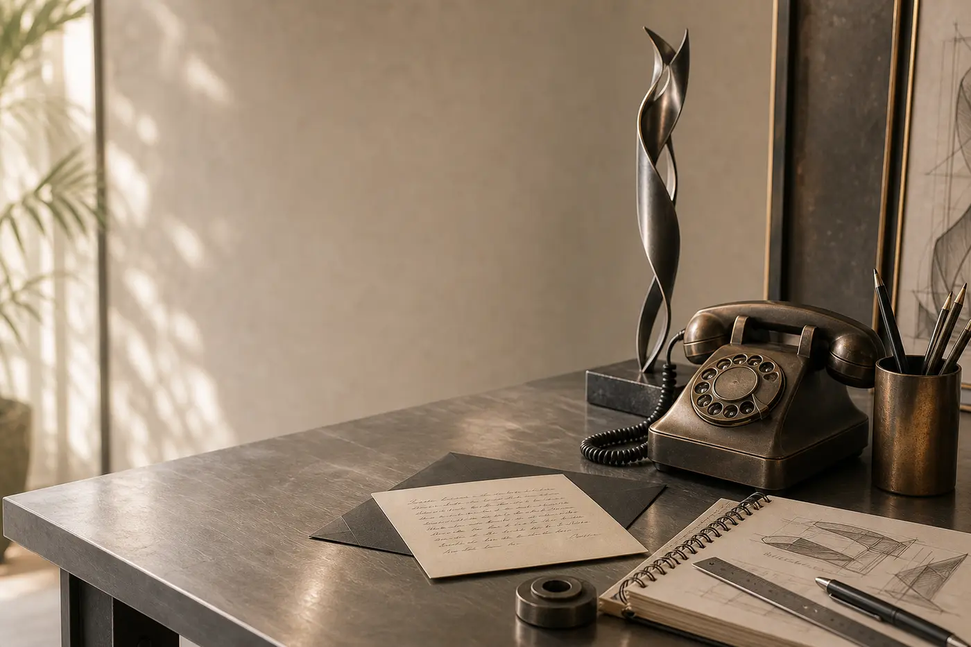 Metal studio desk with a phone, sketchbook, sculptural object, and warm natural light.