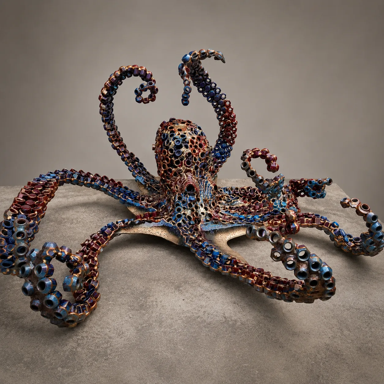 Octopus metal sculpture with expressive color and textured surface details.