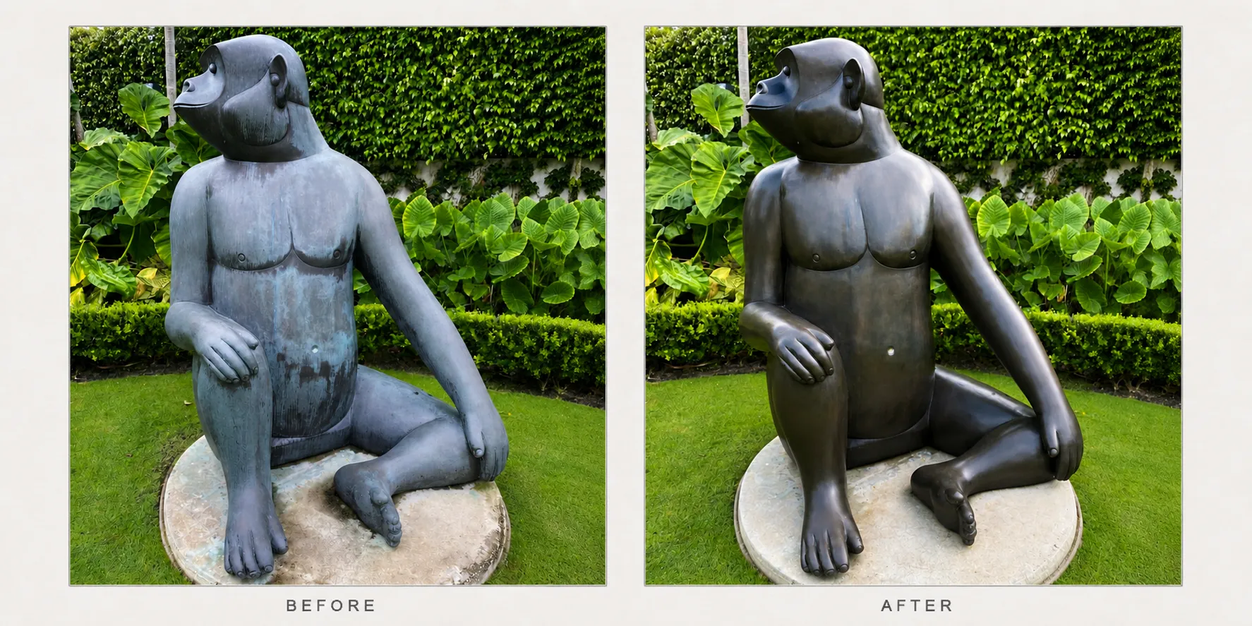 Monkey sculpture shown before and after restoration.