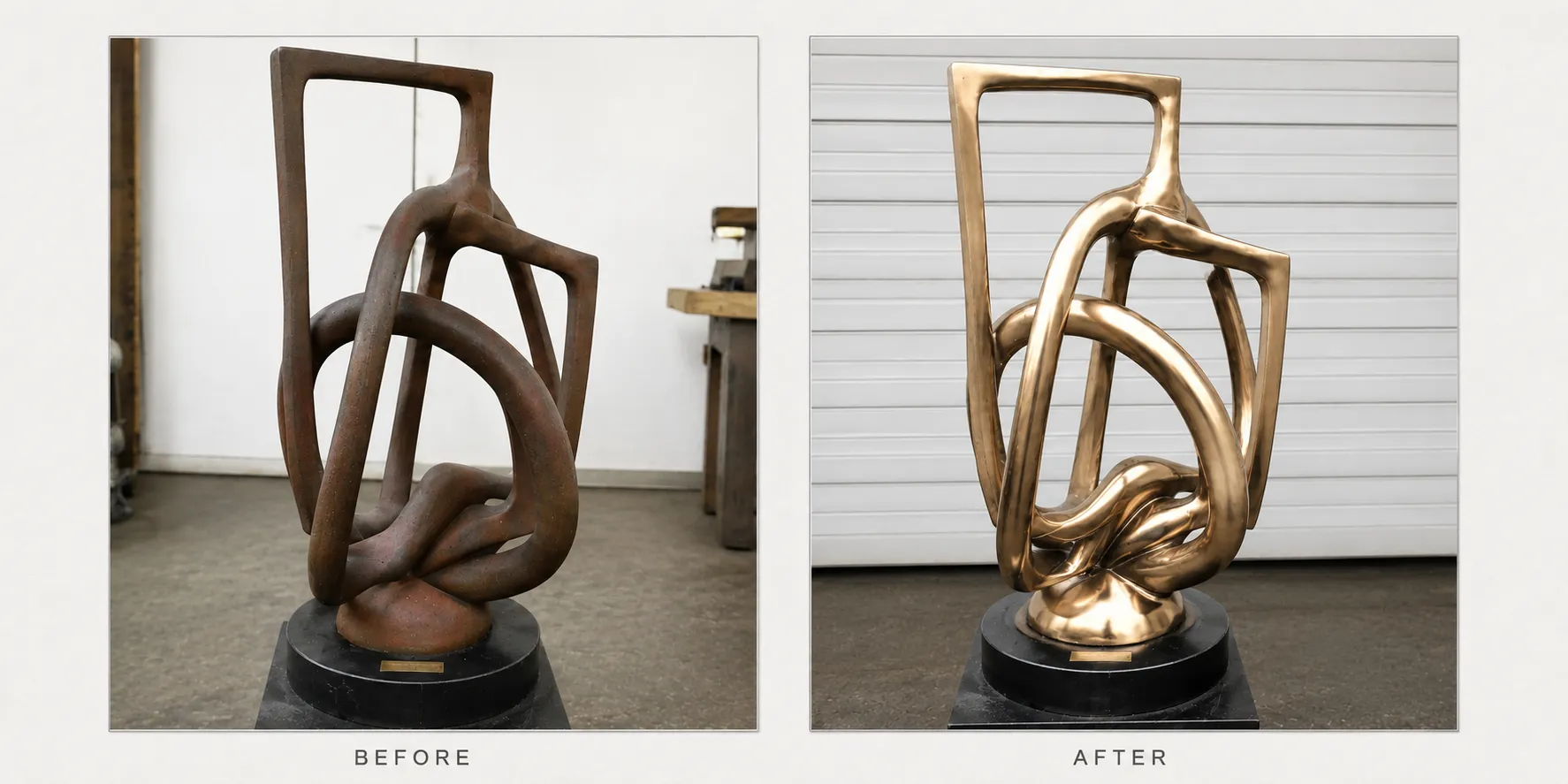 Bronze sculpture shown before and after restoration.