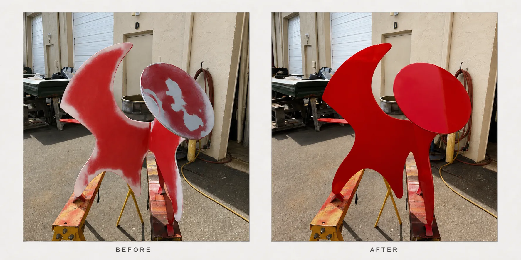 Red sculpture shown before and after restoration.
